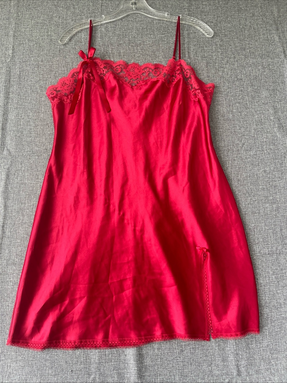 Victoria's Secret Hot Red Satin Lace-Trim Chemise size L